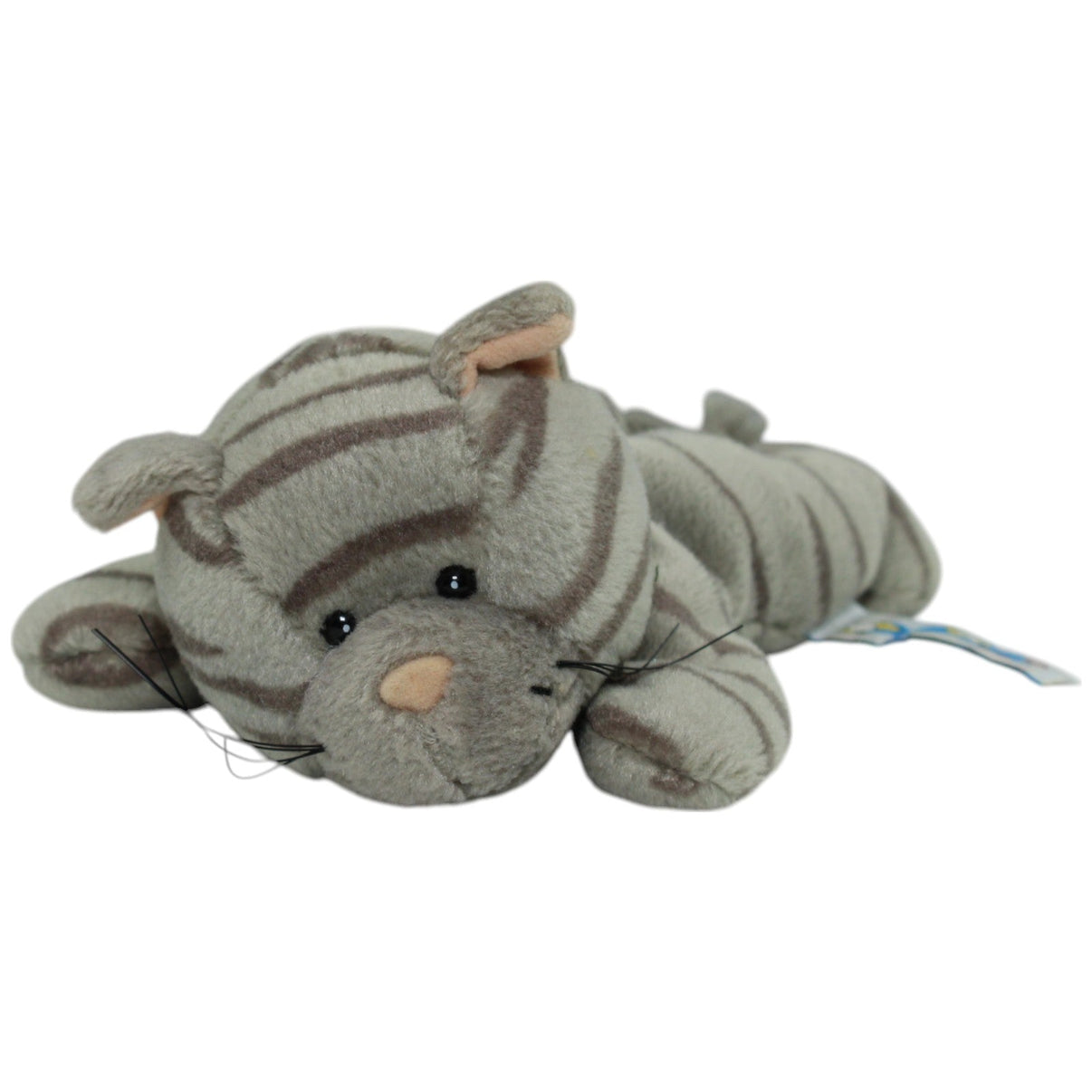 123000013671 NICI Kleine Katze liegend, dunkelgrau - gestreift Kuscheltier Kumpel Leo Gebraucht Vintage