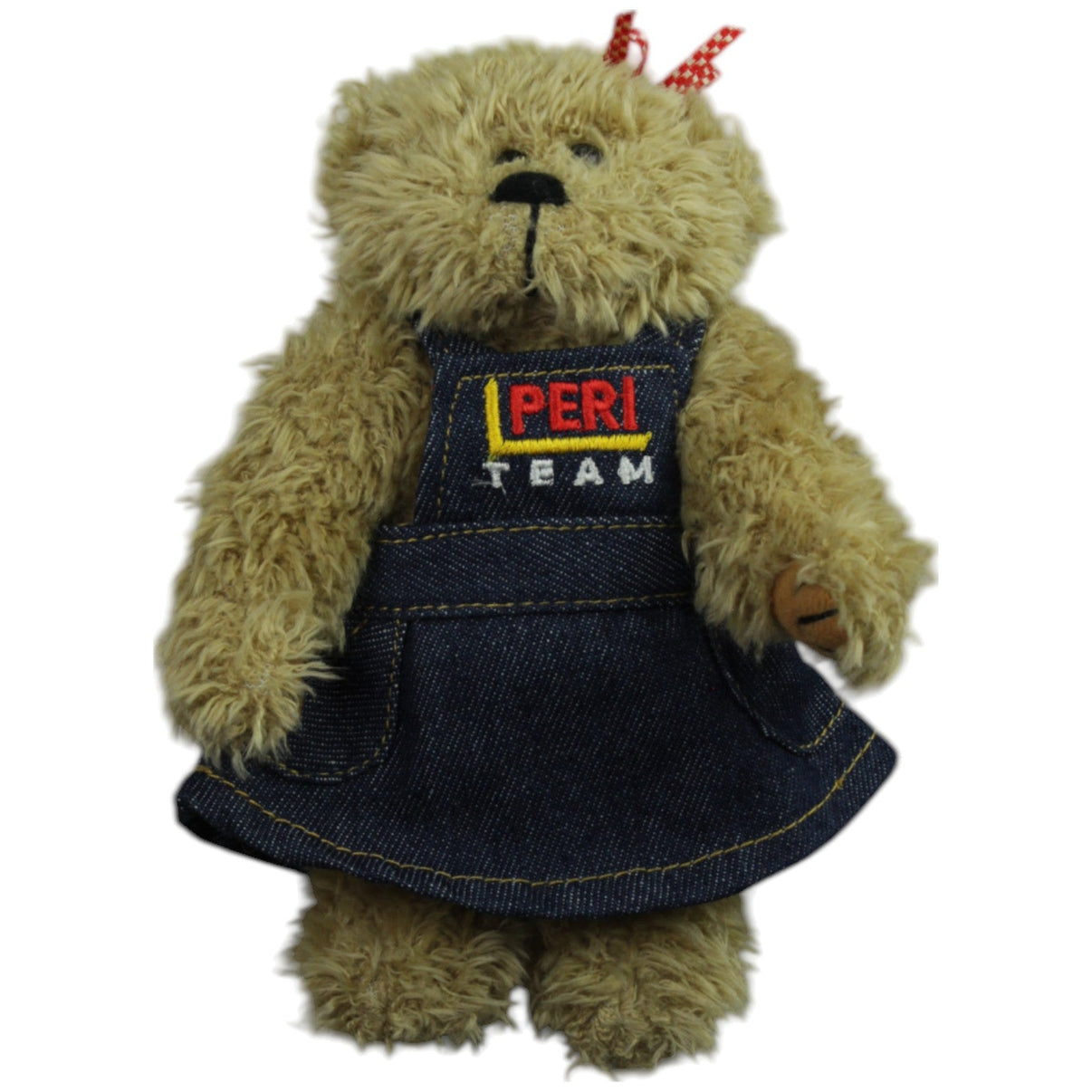 123000015151 PERI Teddybär mit Jeanskleid "PERI TEAM" Kuscheltier Kumpel Leo Gebraucht Teddy Teddybär