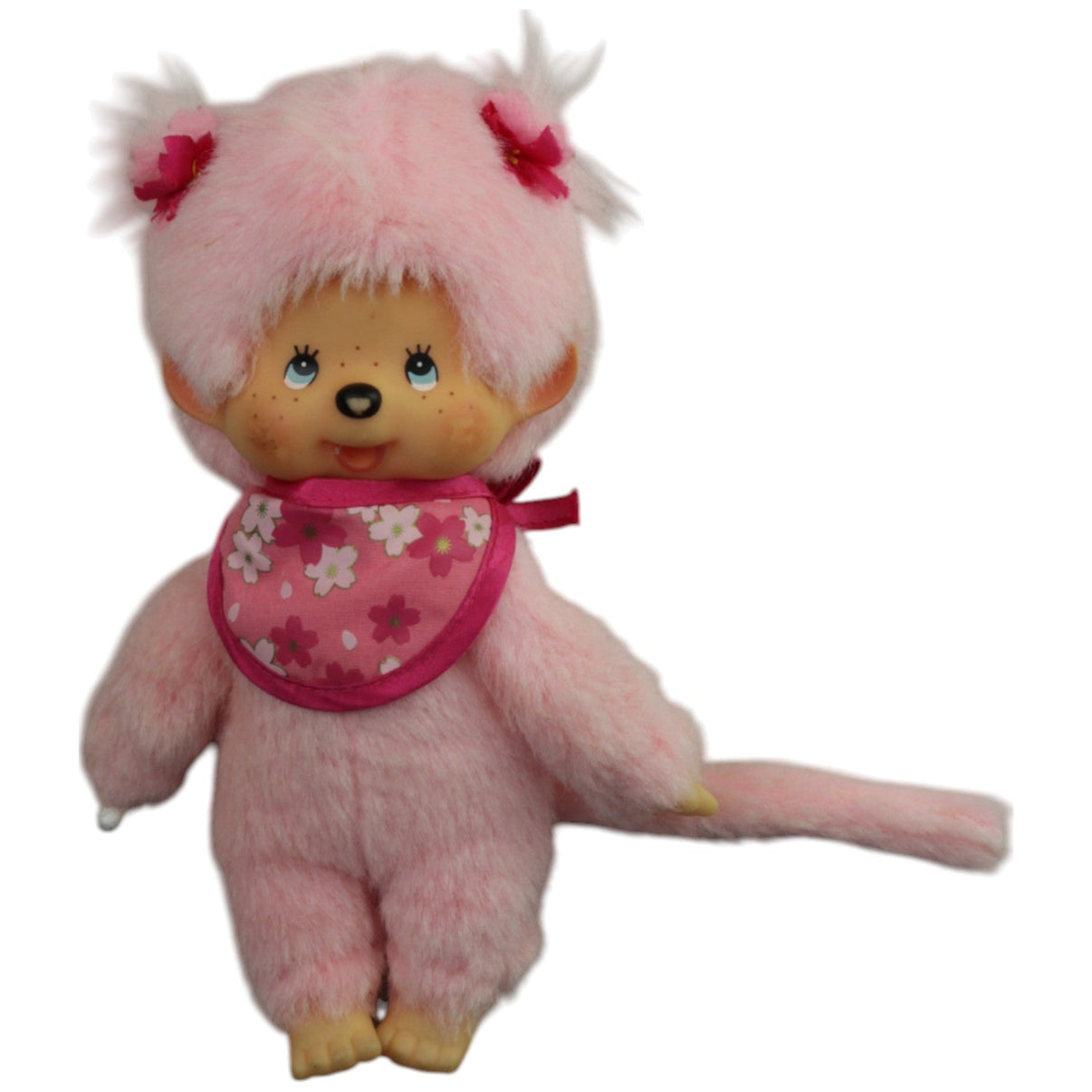 123000015287 Sekiguchi Monchhichi, rosa Mädchen mit Zöpfen und Blumen - Latz Kuscheltier Kumpel Leo Affe Gebraucht