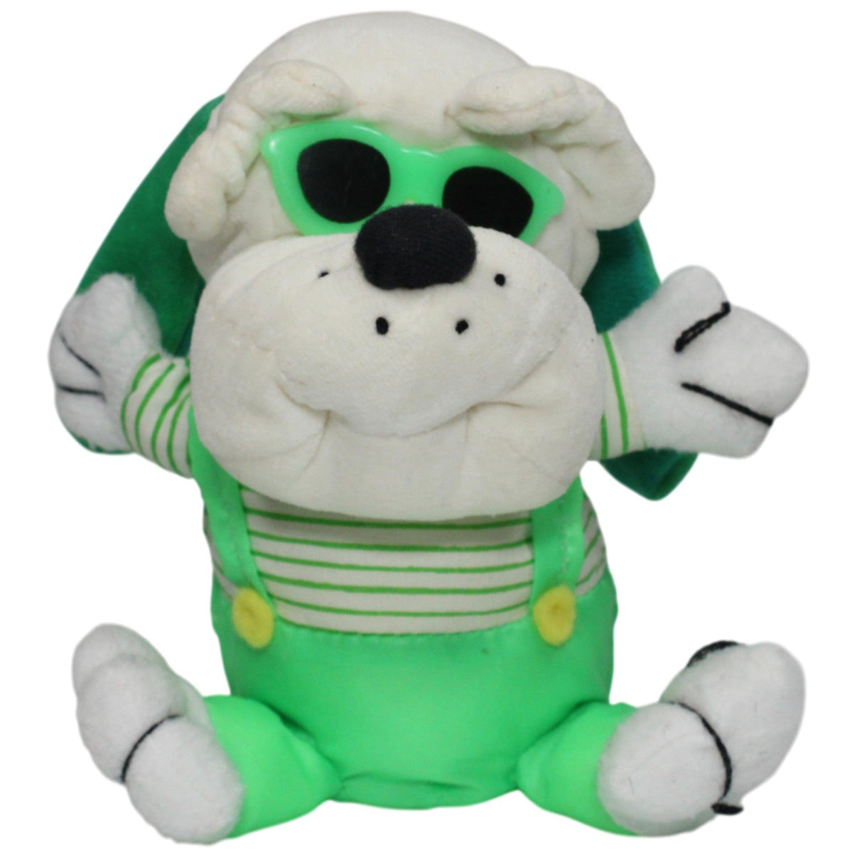 123000016792 GW - Werbung Grüner Knautschi Hund mit Latzhose und Sonnenbrille Kuscheltier Kumpel Leo 16cm _Vintage_ Gebraucht