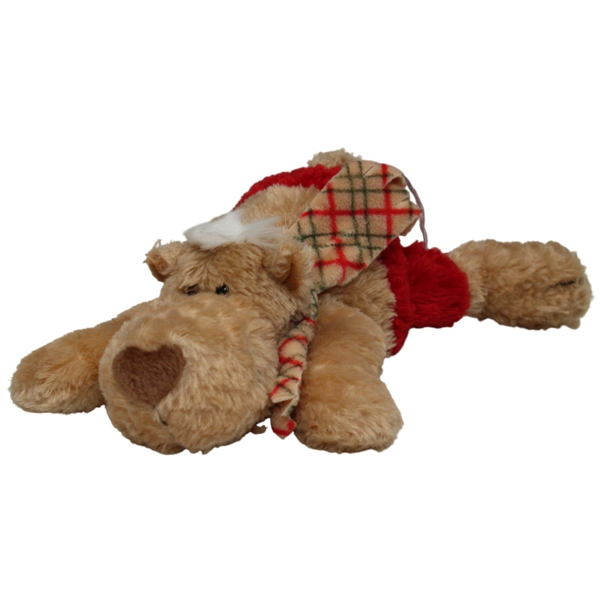 123000017241 NICI Rudolfo mit roter Hose & Schal, liegend Kuscheltier Kumpel Leo 20cm _Vintage_ Braun