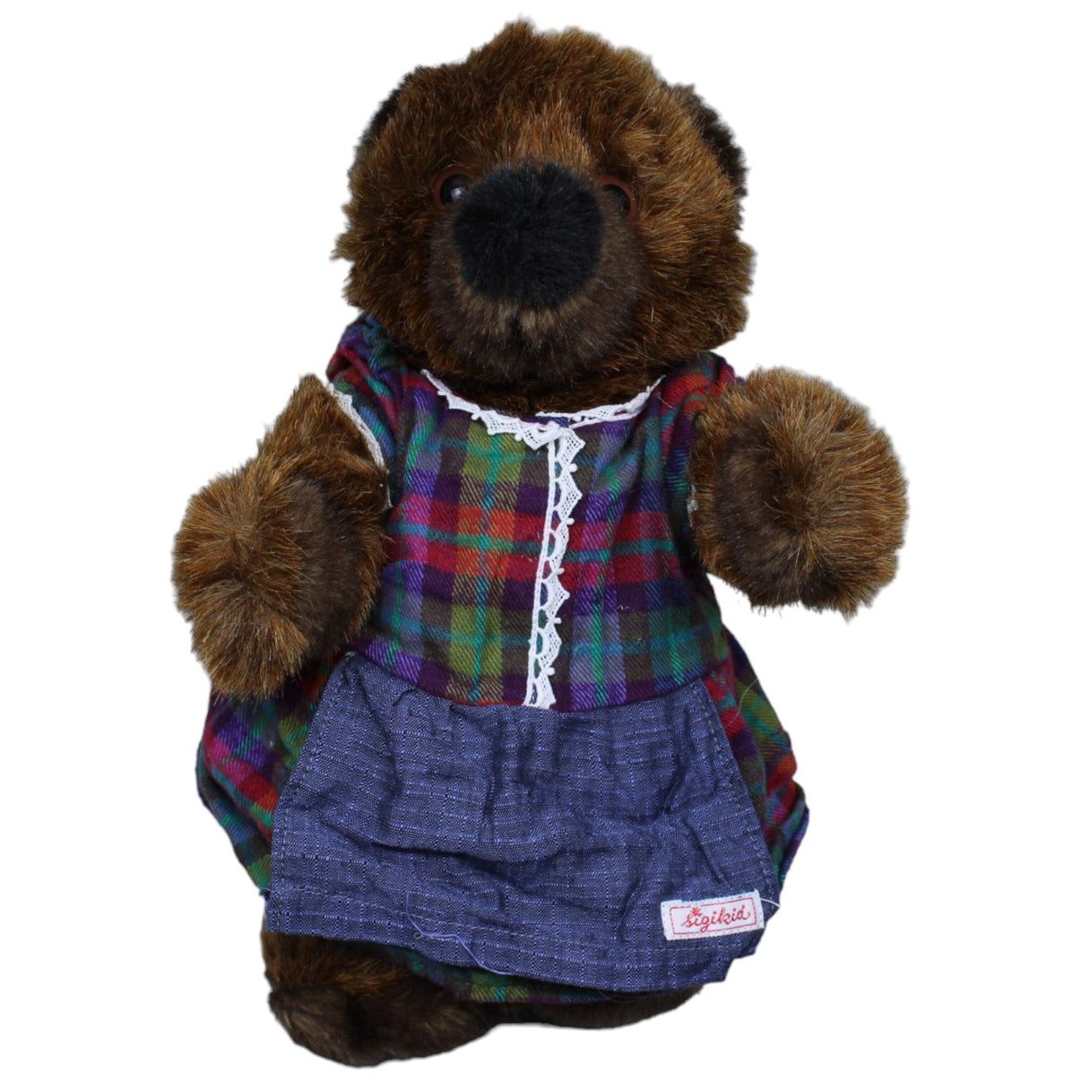 1233098 Sigikid Vintage Bär in kariertem Kleid Kuscheltier Kumpel Leo Bär Gebraucht Vintage