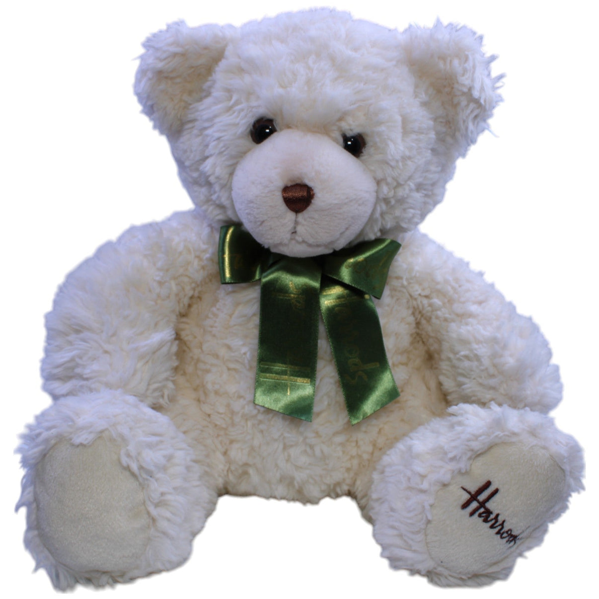 123000012722 Harrods Hübscher Teddybär mit grüner Schleife, sitzend Kuscheltier Kumpel Leo Gebraucht Teddy Teddybär