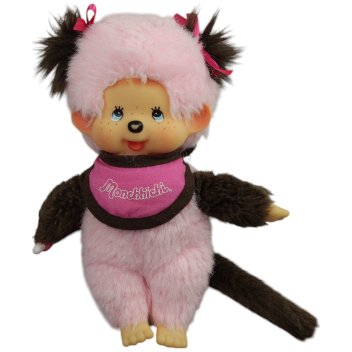 123000015032 Sekiguchi Monchhichi, rosa Mädchen mit Zöpfen und Latz Kuscheltier Kumpel Leo Gebraucht