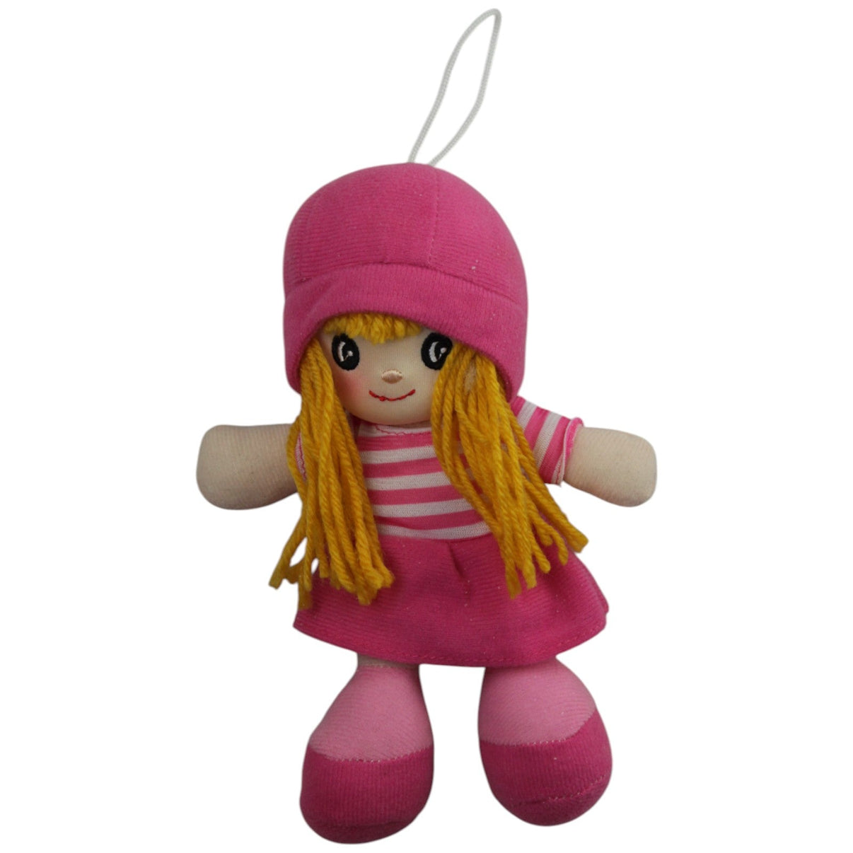 123000015298 Happy People Mädchen mit blonden Haaren & pinkem Kleid Weichpuppe Kumpel Leo Gebraucht