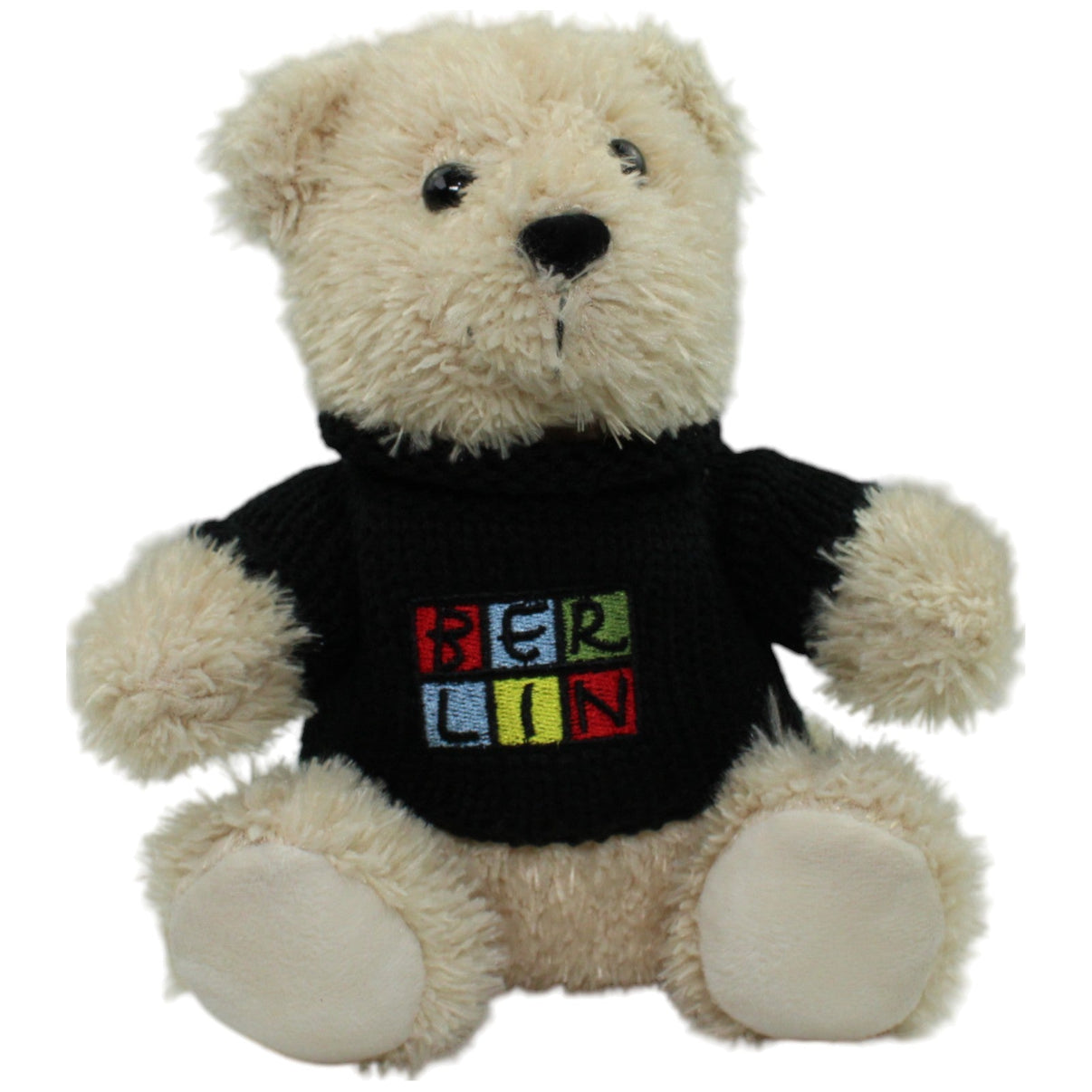 123000015802 MAX. 2001 Merchandising Beiger Bär mit schwarzem Pulli "BERLIN", sitzend Kuscheltier Kumpel Leo Gebraucht