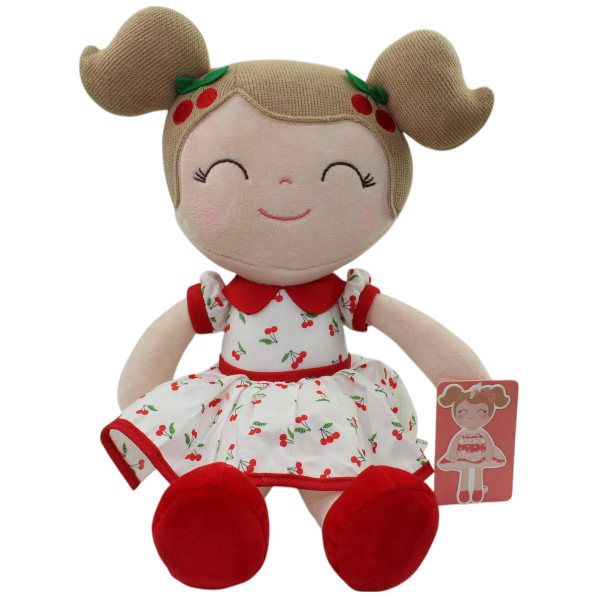 123000015903 Gloveleya Mädchen mit Kirschen Kleid, groß Weichpuppe Kumpel Leo neu