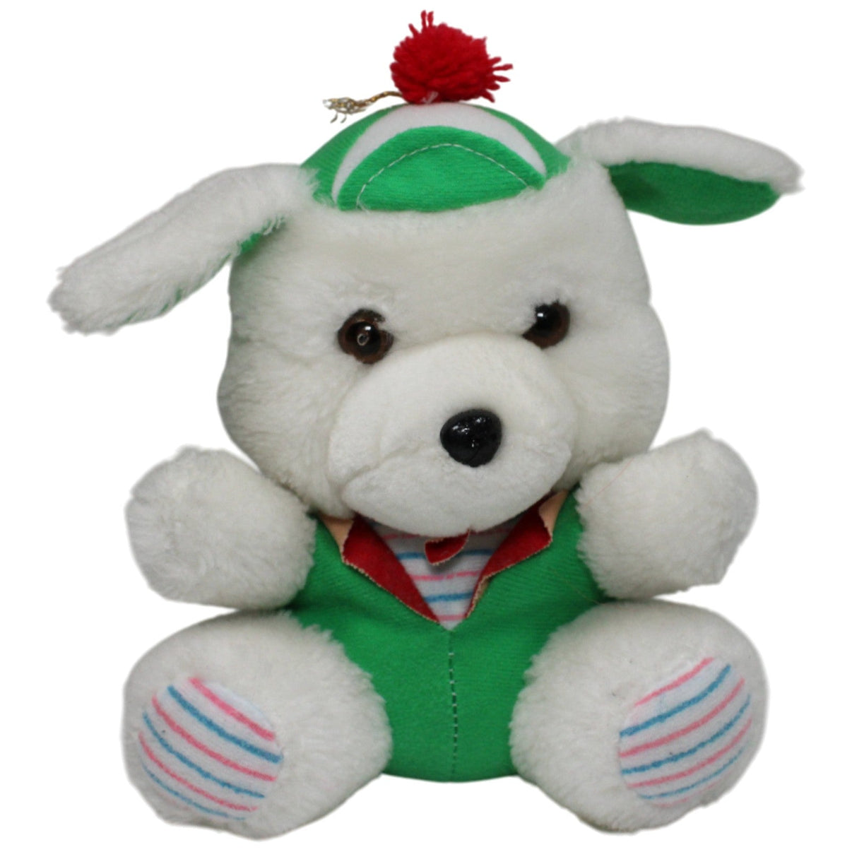 123000016912 Unbekannt Weißer Hund mit grüner Kleidung Kuscheltier Kumpel Leo 18cm _Vintage_ Gebraucht
