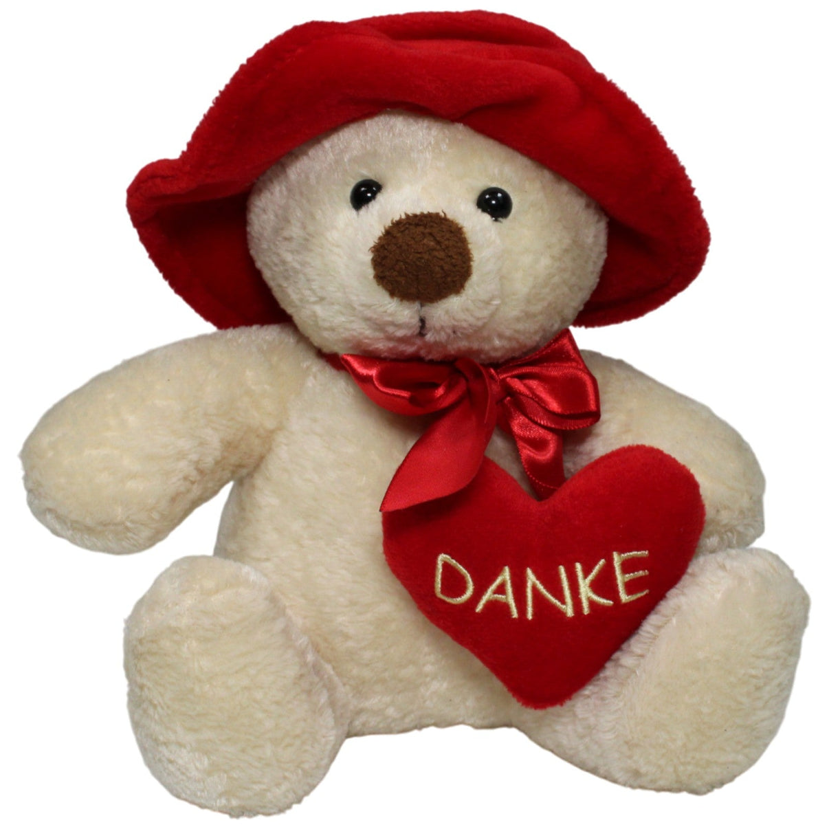 123000018117 Quelle Teddybär mit rotem Hut und Herz "Danke" Kuscheltier Kumpel Leo 23cm _Vintage_ Beige