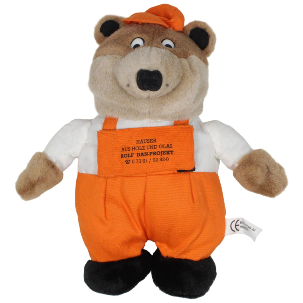 123000019099 BERENDSOHN Wendetier, Bär in orangem Overall / Tasche von Häuser aus Holz und Glas Rolf´Dan - Projekt Kuscheltier Kumpel Leo 27cm Braun Bär