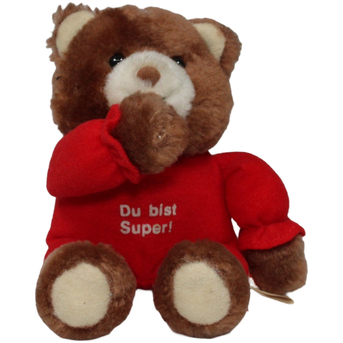 123000021781 Russ Berrie Kleiner Teddy mit rotem Einteiler "Du bist Super!" Kuscheltier Kumpel Leo 15cm _Vintage_ Braun