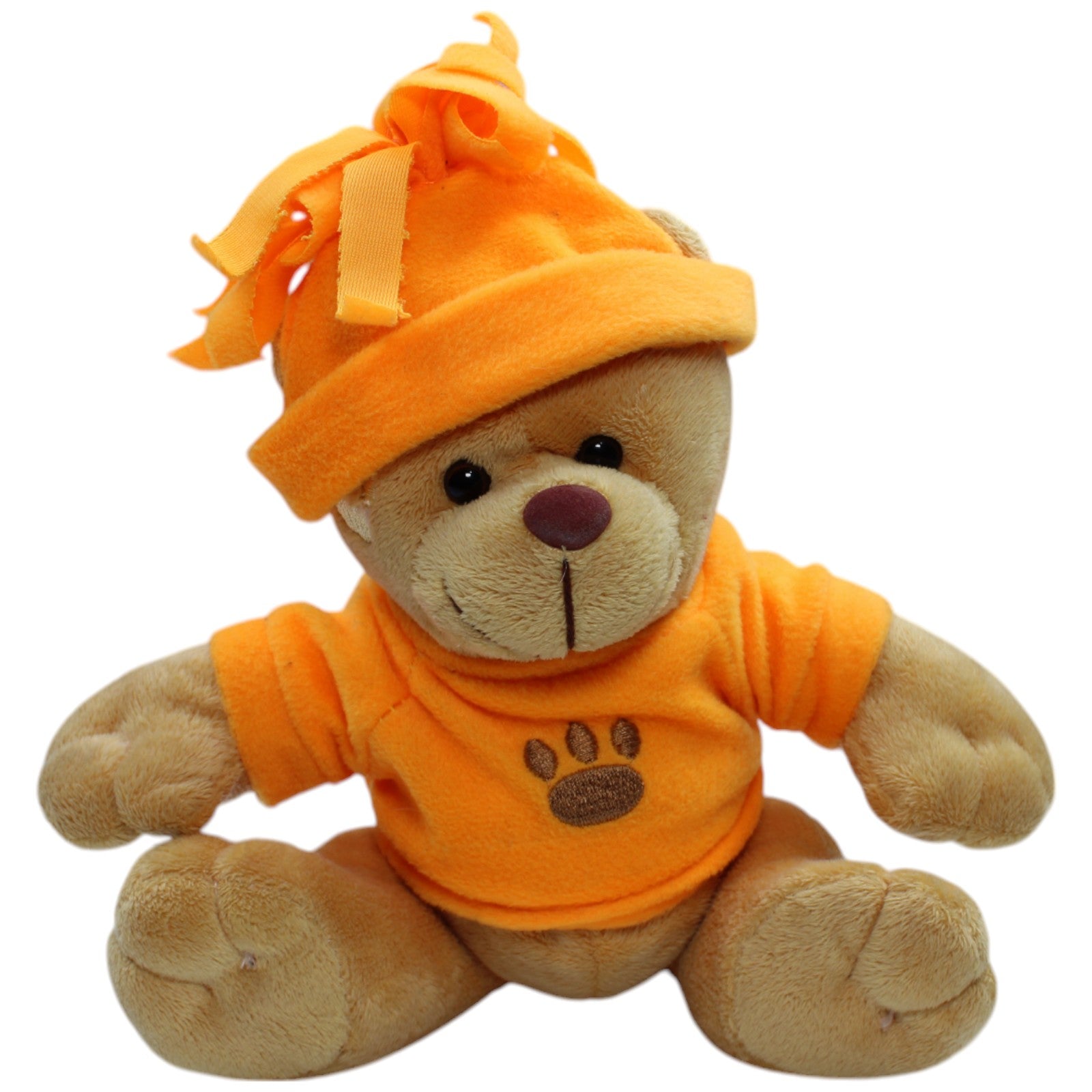 12310170 Braun Plüschwaren Teddybär mit orangem Pullover und Mütze Kuscheltier Kumpel Leo Bär Gebraucht Teddy