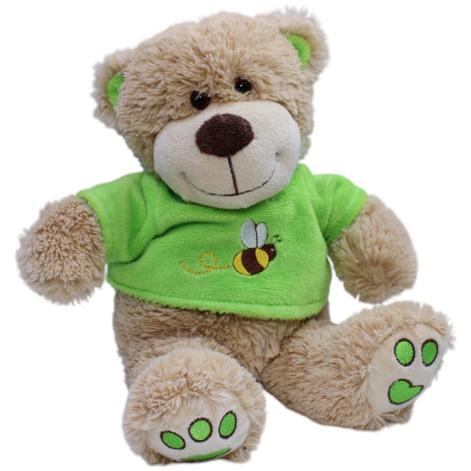 12310901 Unbekannt Hellbrauner Teddy mit grünem Shirt Kuscheltier Kumpel Leo Bär Gebraucht Teddy