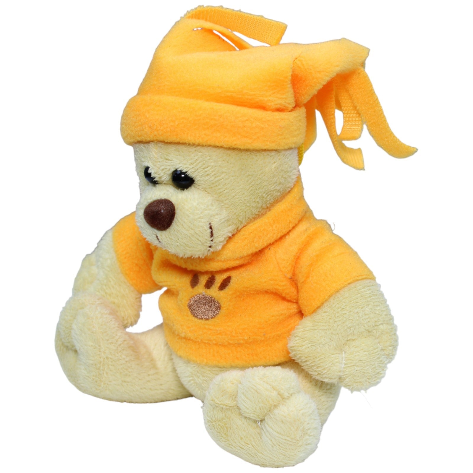 1233739 Braun Plüschwaren Teddybär mit orangem Pullover und Mütze Kuscheltier Kumpel Leo Bär Gebraucht Teddy