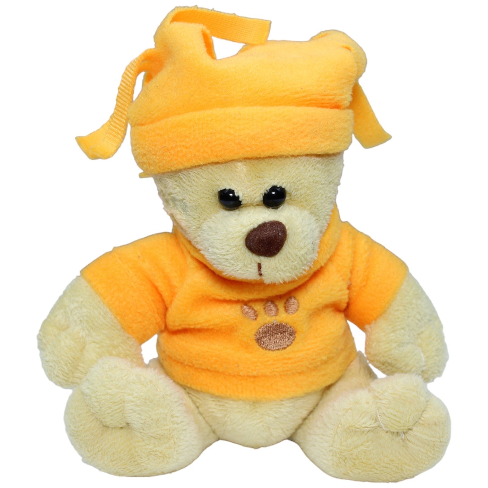 1233739 Braun Plüschwaren Teddybär mit orangem Pullover und Mütze Kuscheltier Kumpel Leo Bär Gebraucht Teddy