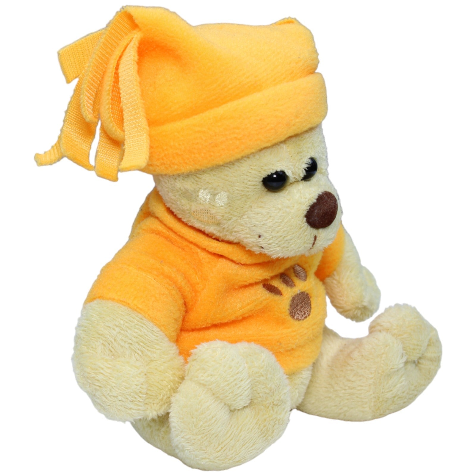 1233739 Braun Plüschwaren Teddybär mit orangem Pullover und Mütze Kuscheltier Kumpel Leo Bär Gebraucht Teddy