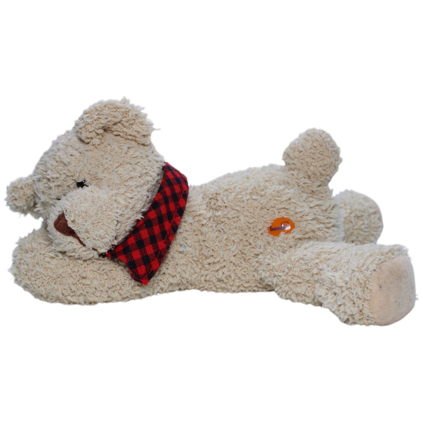 1237950 Bambia Teddybär mit rotem Halstuch, liegend Kuscheltier Kumpel Leo Bär Gebraucht Teddy